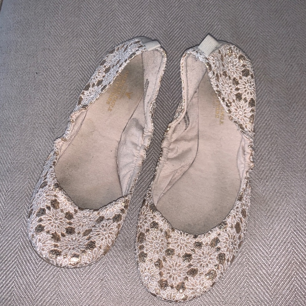 Cream and gold lace flats